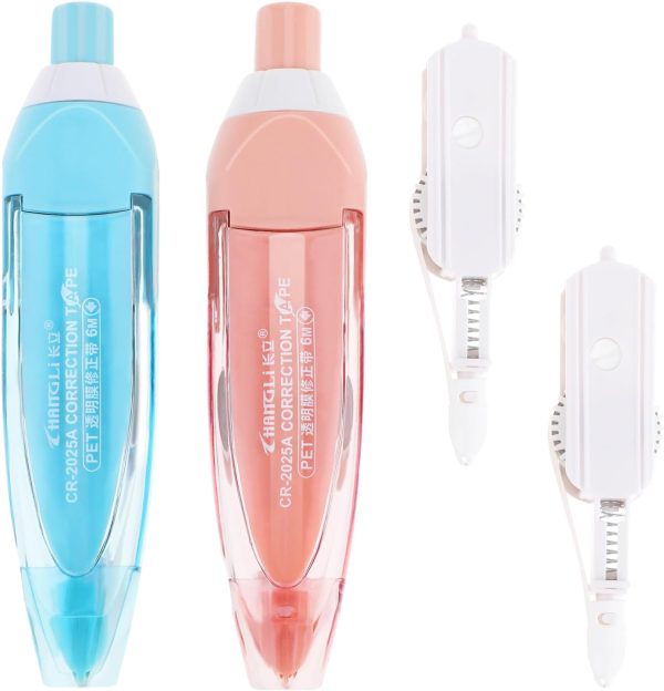 2Pcs Correction Tape, Whiteout Pen Set with Retractable White Out Tape Refills Instant Correction Tape Refillable Tape Roller for Office Home School Stationery Supplies(Blue, Pink)