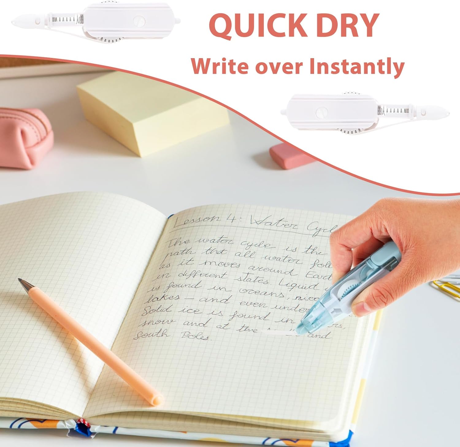 2Pcs Correction Tape, Whiteout Pen Set with Retractable White Out Tape Refills Instant Correction Tape Refillable Tape Roller for Office Home School Stationery Supplies(Blue, Pink) - Image 2