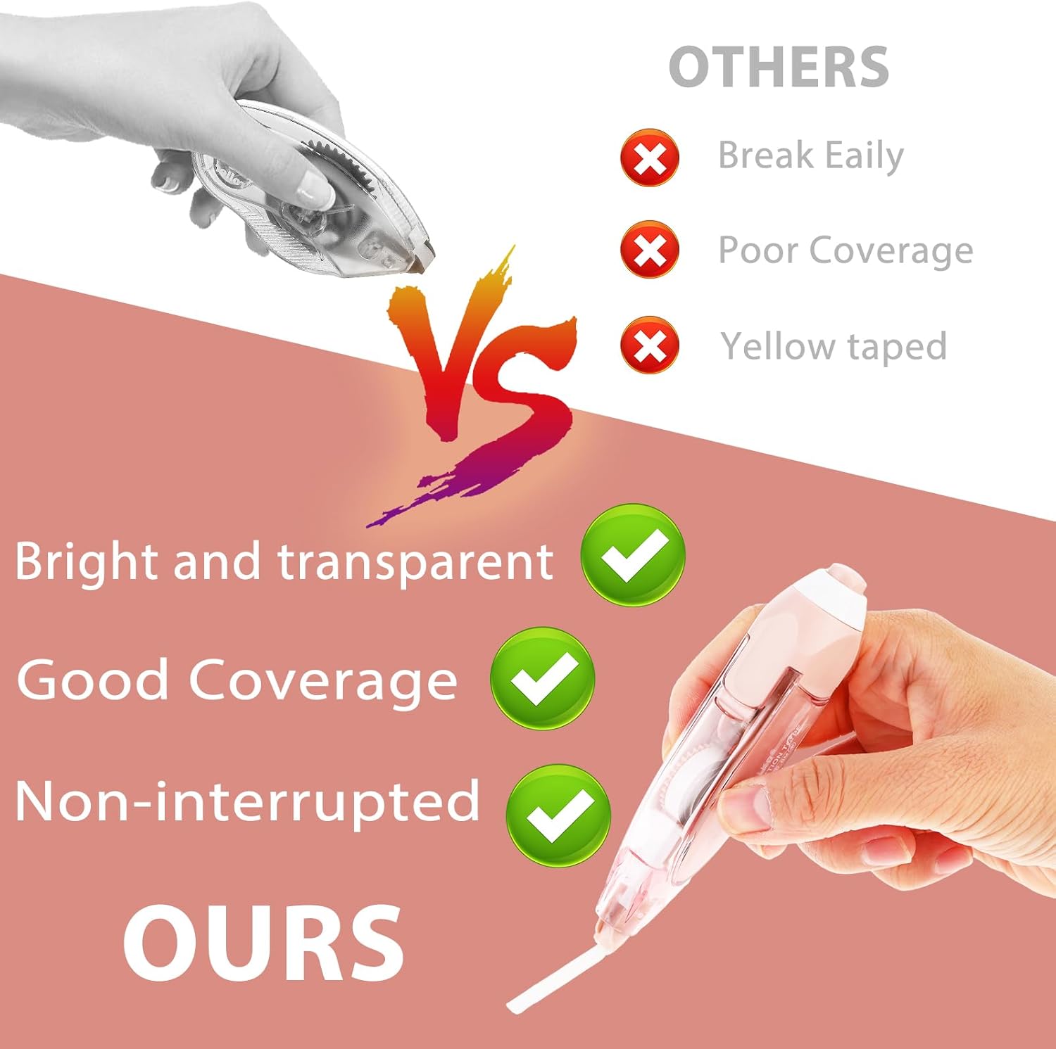 2Pcs Correction Tape, Whiteout Pen Set with Retractable White Out Tape Refills Instant Correction Tape Refillable Tape Roller for Office Home School Stationery Supplies(Blue, Pink) - Image 3