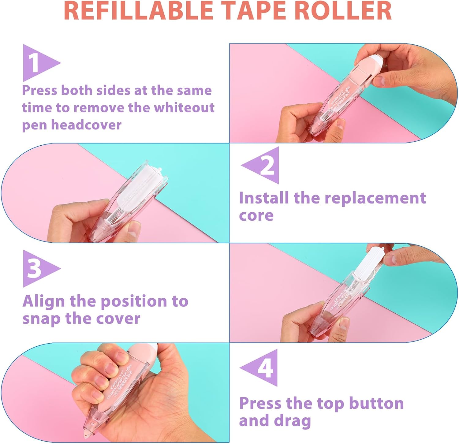 2Pcs Correction Tape, Whiteout Pen Set with Retractable White Out Tape Refills Instant Correction Tape Refillable Tape Roller for Office Home School Stationery Supplies(Blue, Pink) - Image 6