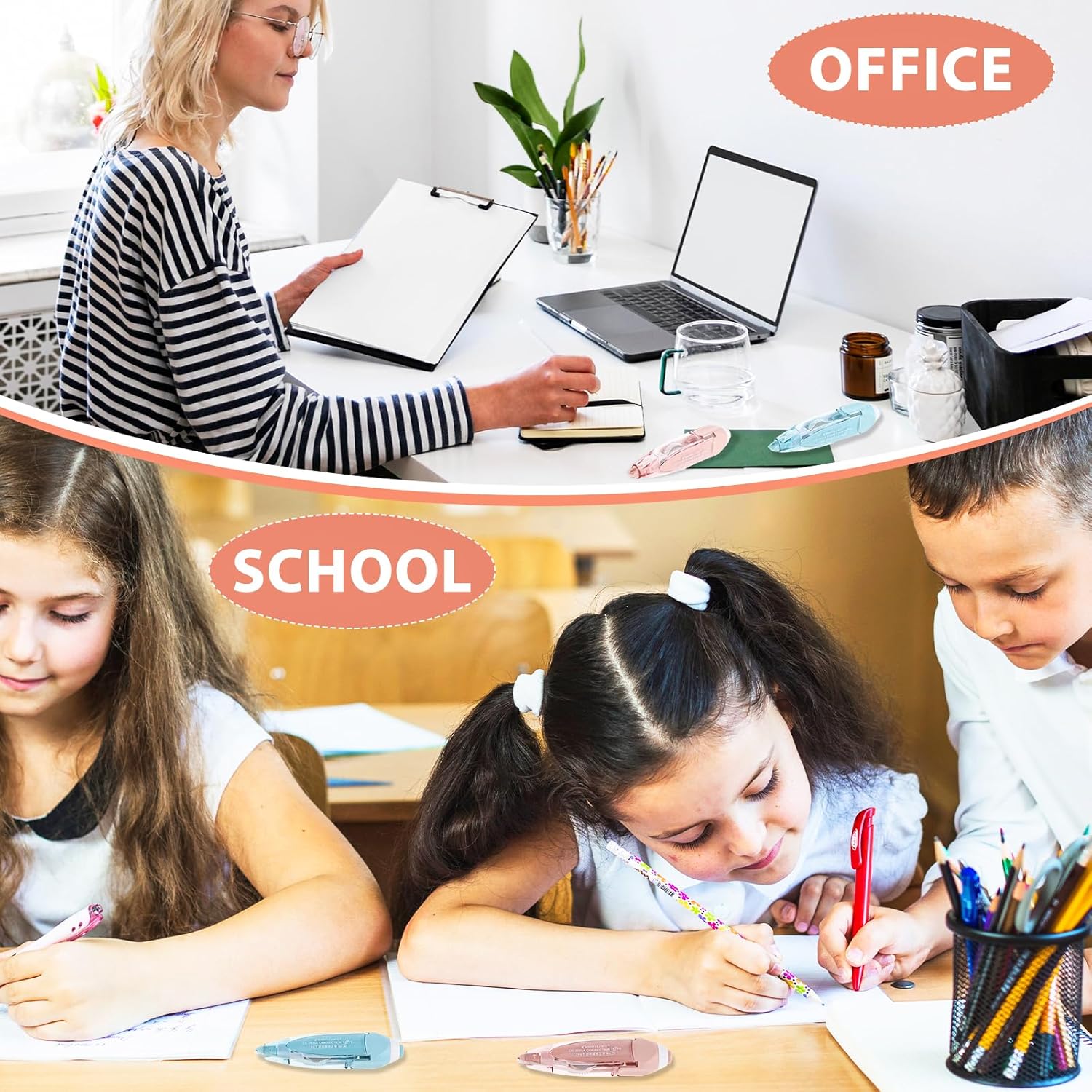 2Pcs Correction Tape, Whiteout Pen Set with Retractable White Out Tape Refills Instant Correction Tape Refillable Tape Roller for Office Home School Stationery Supplies(Blue, Pink) - Image 7