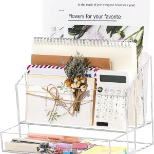 Acrylic Desk Organizer, Clear Mail Organizer Countertop with Drawer File Organizer with 3 Compartments Letter Paper Document Sorter Organizer for Home Office Study Desk