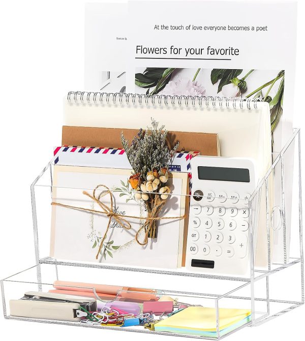 Acrylic Desk Organizer, Clear Mail Organizer Countertop with Drawer File Organizer with 3 Compartments Letter Paper Document Sorter Organizer for Home Office Study Desk