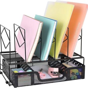 gianotter Desk Organizers and Accessories, Office Supplies Desk Organizer with Sliding Drawer, 5 Upright Section ​File Sorter Organizer (Black)