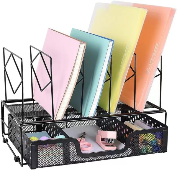 gianotter Desk Organizers and Accessories, Office Supplies Desk Organizer with Sliding Drawer, 5 Upright Section ​File Sorter Organizer (Black)