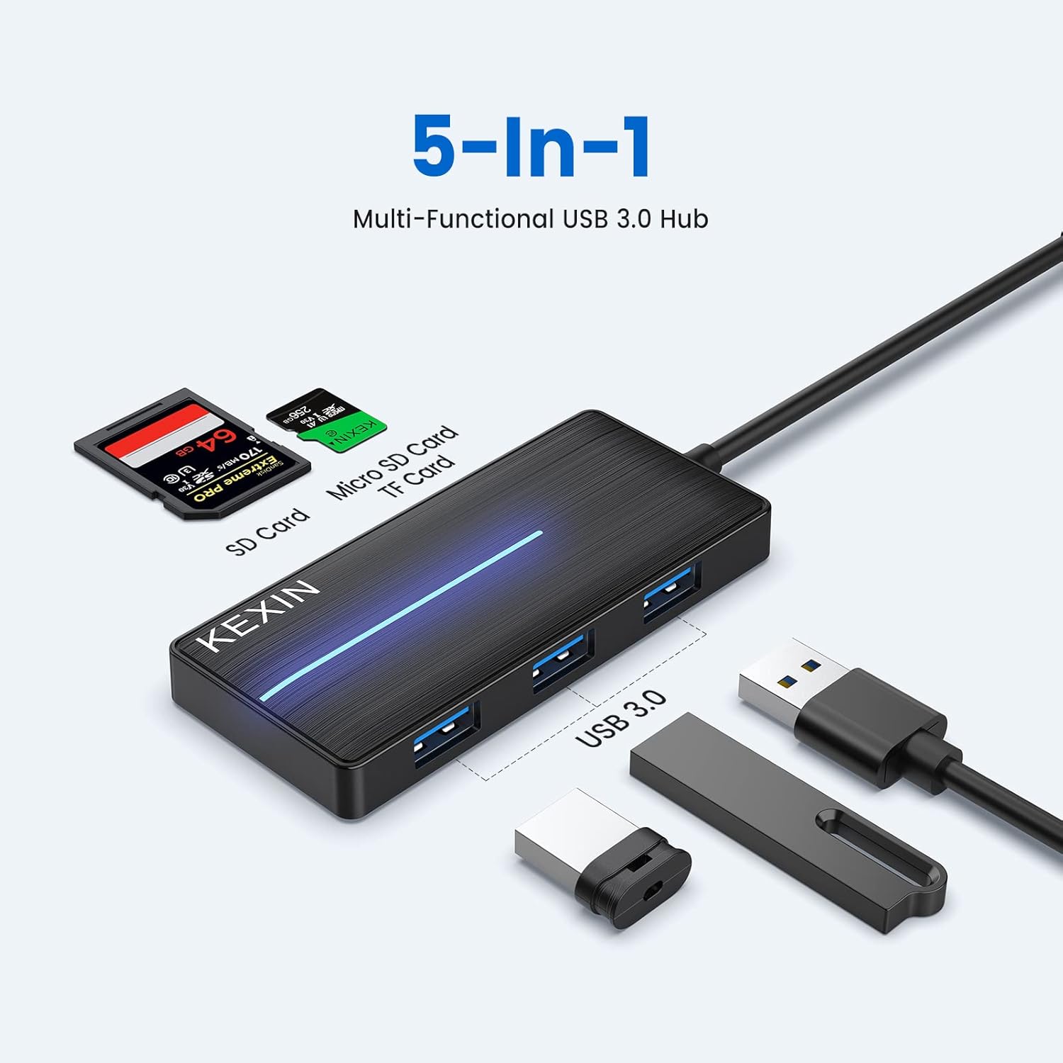 KEXIN USB Hub 3.0 Ultra Slim USB Splitter 3 USB 3.0 Port USB Multipot Adapter with Card Reader 2ft Cable USB Extender Hub for HDD, USB Flash Drive, Keybord, Surface Pro (USB A Port) - Image 2