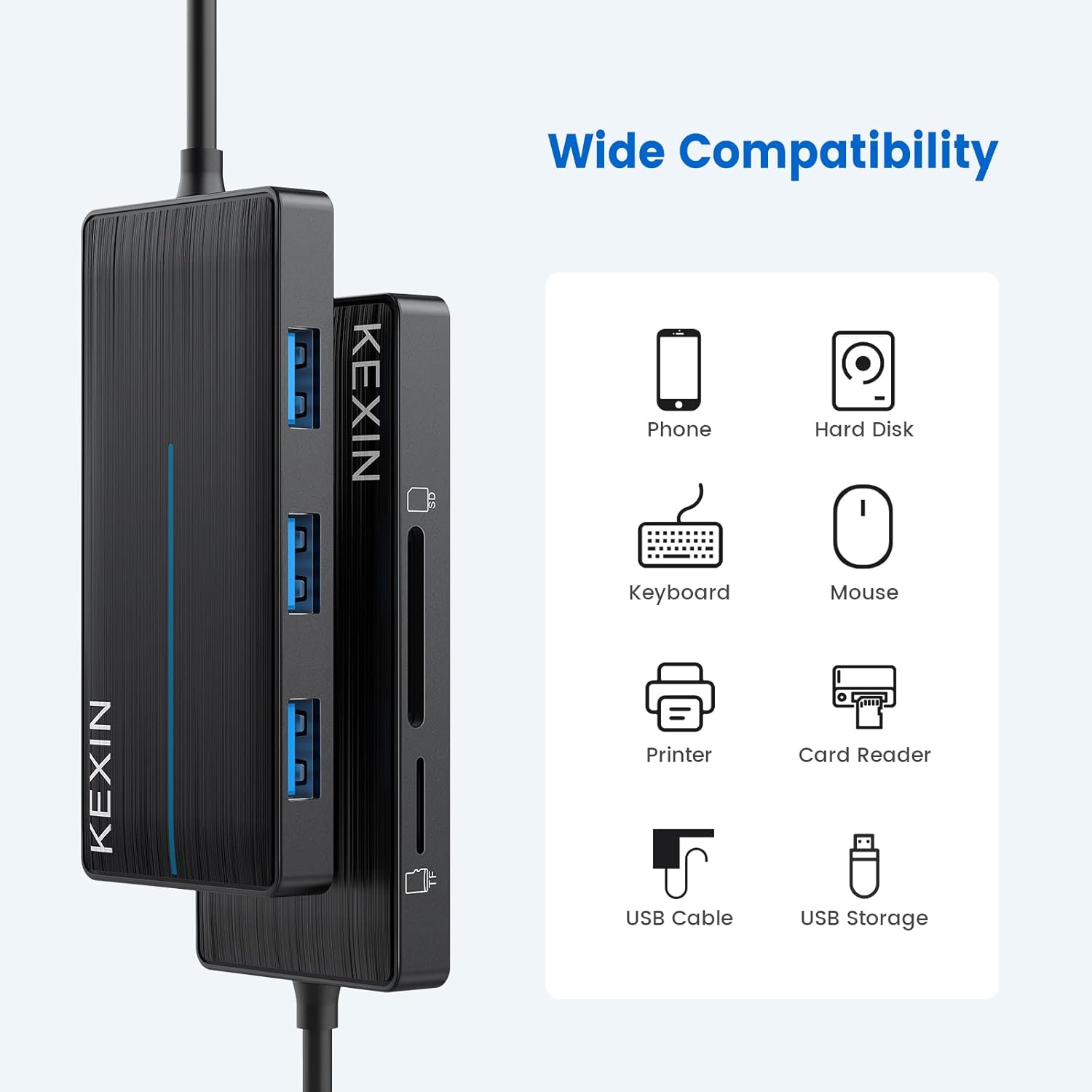 KEXIN USB Hub 3.0 Ultra Slim USB Splitter 3 USB 3.0 Port USB Multipot Adapter with Card Reader 2ft Cable USB Extender Hub for HDD, USB Flash Drive, Keybord, Surface Pro (USB A Port) - Image 7