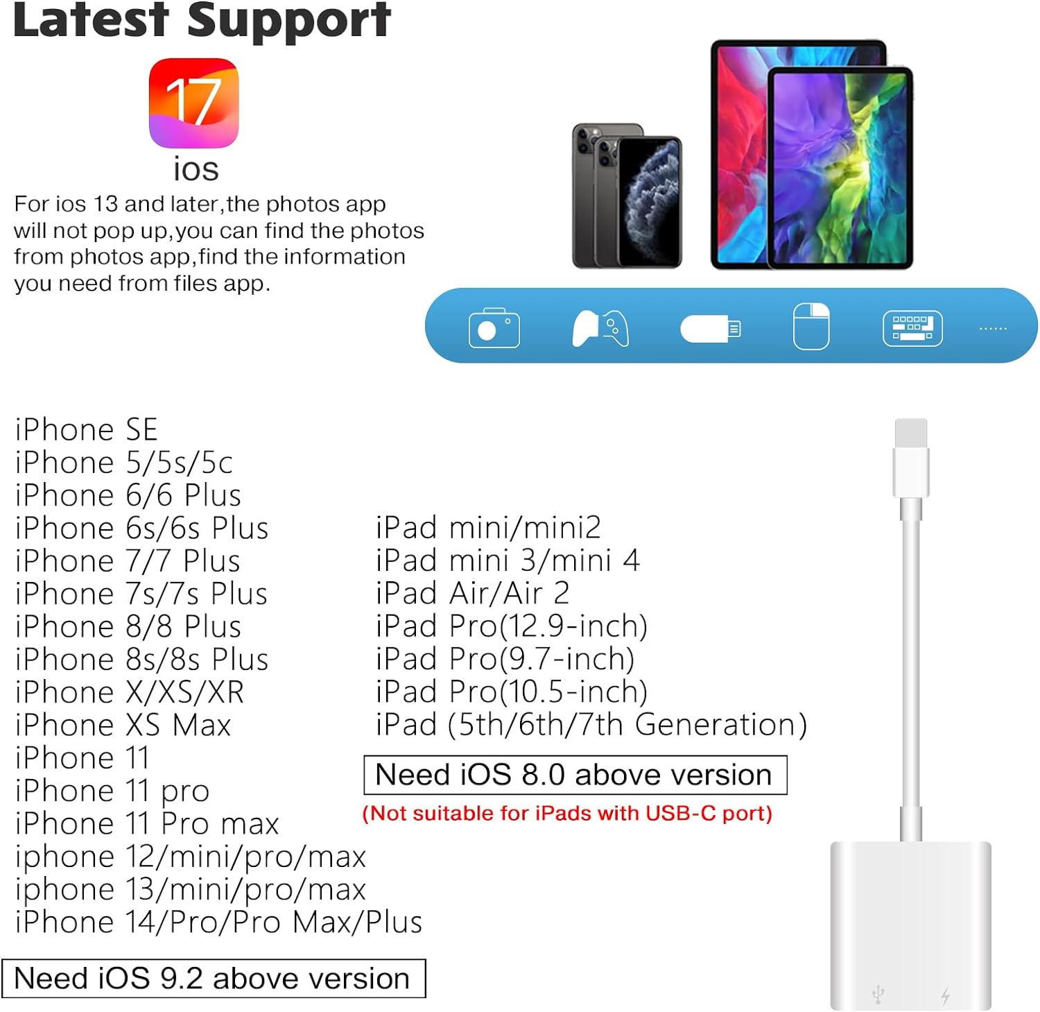 SUNTRSI USB Camera Adapter, USB Female OTG Adapter for iPhone iPad, Portable USB Adapter for iPhone with Charging Port, No Application, Plug and Play - Image 3