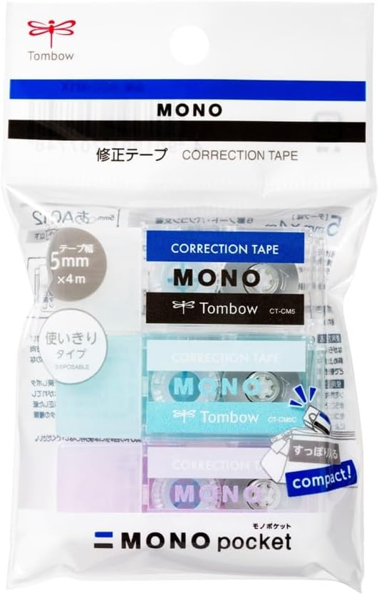 Tombow Pencil Correction Tape, Mono Pocket, 5mm Wide, Assorted, Pack of 3 (MONO, Blue, Purple) KCC-321X