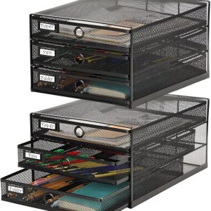 Zhanmai 2 Pcs Desk Organizer with Drawer, Wire Mesh Organizers Tray Total 6 Tiers, Multifunctional Paper Sorter File Stand for Home Office Supplies Storage Letter A4 Paper Office Accessories (Black)