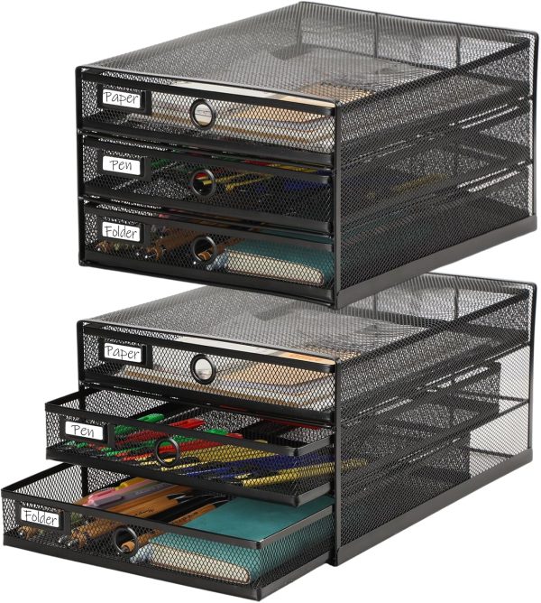 Zhanmai 2 Pcs Desk Organizer with Drawer, Wire Mesh Organizers Tray Total 6 Tiers, Multifunctional Paper Sorter File Stand for Home Office Supplies Storage Letter A4 Paper Office Accessories (Black)
